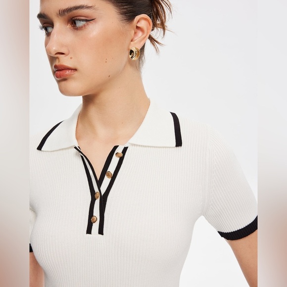 Commense Contrast Trim Metal Button Knit Top - White/Black - Size XS - NWT - Picture 3 of 8